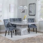 Turin Grey Marble Square Dining Set - Knocker Back Grey Velvet Fabric Dining Chair with Black Wooden Legs