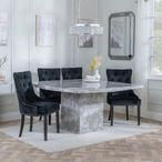 Turin Grey Marble Square Dining Set - Lion Knocker Back Black Velvet Fabric Dining Chair with Black Wooden Legs