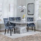 Turin Grey Marble Square Dining Set - Lion Knocker Back Grey Velvet Fabric Dining Chair with Black Wooden Legs