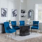 Naples Black Marble Dining Set - Knocker Back Blue Velvet Fabric Dining Chair with Chrome Legs