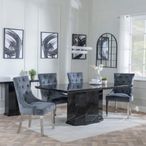 Naples Black Marble Dining Set - Knocker Back Grey Velvet Fabric Dining Chair with Chrome Legs