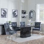 Naples Black Marble Dining Set - Lion Knocker Back Grey Velvet Fabric Dining Chair with Chrome Legs