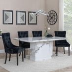 Naples White Marble Dining Set - Lion Knocker Back Black Velvet Fabric Dining Chair with Black Wooden Legs