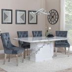 Naples White Marble Dining Set - Lion Knocker Back Grey Velvet Fabric Dining Chair with Chrome Legs