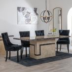 Venice Cream Marble Dining Set - Knocker Back Black Velvet Fabric Dining Chair with Black Wooden Legs