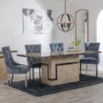 Venice Cream Marble Dining Set - Knocker Back Grey Velvet Fabric Dining Chair with Chrome Legs