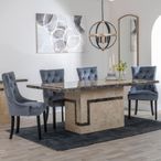 Venice Cream Marble Dining Set - Lion Knocker Back Grey Velvet Fabric Dining Chair with Black Wooden Legs