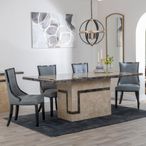 Venice Cream Marble Dining Set - Paris Grey Leather Dining Chair with Black Legs