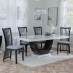 Madrid White Marble Dining Set - Athena Black High Gloss Slatted Back Dining Chair with Grey Seat Pads