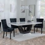 Madrid White Marble Dining Set - Knocker Back Black Velvet Fabric Dining Chair with Black Wooden Legs