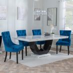 Madrid White Marble Dining Set - Knocker Back Blue Velvet Fabric Dining Chair with Black Wooden Legs