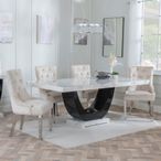 Madrid White Marble Dining Set - Knocker Back Champagne Velvet Fabric Dining Chair with Chrome Legs