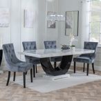 Madrid White Marble Dining Set - Knocker Back Grey Velvet Fabric Dining Chair with Black Wooden Legs