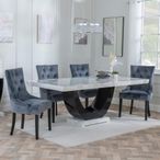 Madrid White Marble Dining Set - Lion Knocker Back Grey Velvet Fabric Dining Chair with Black Wooden Legs