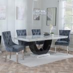 Madrid White Marble Dining Set - Lion Knocker Back Grey Velvet Fabric Dining Chair with Chrome Legs