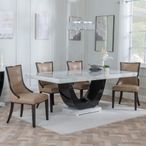 Madrid White Marble Dining Set - Paris Taupe Leather Dining Chair with Brown Legs