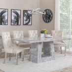 Milan Grey Marble Dining Set - Lion Knocker Back Champagne Velvet Fabric Dining Chair with Chrome Legs