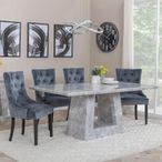 Milan Grey Marble Dining Set - Lion Knocker Back Grey Velvet Fabric Dining Chair with Black Wooden Legs