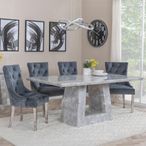 Milan Grey Marble Dining Set - Lion Knocker Back Grey Velvet Fabric Dining Chair with Chrome Legs