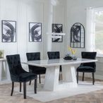 Milan White Marble Dining Set - Knocker Back Black Velvet Fabric Dining Chair with Black Wooden Legs