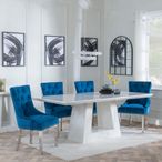 Milan White Marble Dining Set - Knocker Back Blue Velvet Fabric Dining Chair with Chrome Legs