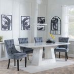 Milan White Marble Dining Set - Knocker Back Grey Velvet Fabric Dining Chair with Black Wooden Legs