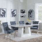 Milan White Marble Dining Set - Knocker Back Grey Velvet Fabric Dining Chair with Chrome Legs