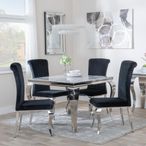 Louis 4 Seater Grey Marble and Chrome Square Dining Set - 4 Black Velvet Fabric Dining Chair