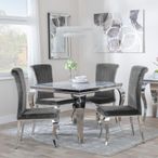 Louis 4 Seater Grey Marble and Chrome Square Dining Set - 4 Grey Velvet Fabric Dining Chair