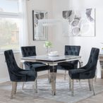 Louis 4 Seater Grey Marble and Chrome Square Dining Set - 4 Knocker Back Black Velvet Fabric Dining Chair with Chrome Legs