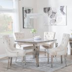Louis 4 Seater Grey Marble and Chrome Square Dining Set - 4 Knocker Back Champagne Velvet Fabric Dining Chair with Chrome Legs