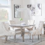 Louis 4 Seater Grey Marble and Chrome Square Dining Set - 4 Lion Knocker Back Champagne Velvet Fabric Dining Chair with Chrome Legs