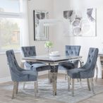 Louis 4 Seater Grey Marble and Chrome Square Dining Set - 4 Lion Knocker Back Grey Velvet Fabric Dining Chair with Chrome Legs