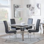 Louis 4 Seater Grey Marble and Chrome Square Dining Set - 4 Roma Black Faux Leather Dining Chair