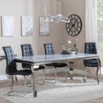 Louis Dining Set - 4 Seater - 140cm - Grey Marble & Chrome - Jamison Dining Chairs - Black Faux Leather