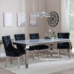 Louis Grey Marble and Chrome Dining Set - Knocker Back Black Velvet Fabric Dining Chair with Chrome Legs
