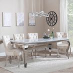 Louis Dining Set - 4 Seater - 140cm - Grey Marble & Chrome - Knocker Back Dining Chairs - Champagne Velvet Fabric - Chrome Legs