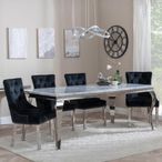 Louis Grey Marble and Chrome Dining Set - Lion Knocker Back Black Velvet Fabric Dining Chair with Chrome Legs