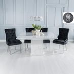 Turin White Marble Square Dining Set - Black Fabric Lion Head Ring Back Dining Chair with Chrome Legs