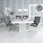 Turin White Marble Square Dining Set - Grey Fabric Knocker Back Dining Chair with Chrome Legs