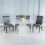 Turin White Marble Square Dining Set - Carmela Grey Faux Leather Chair