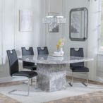 Turin Grey Marble Square Dining Set - Bianco Black Faux Leather Dining Chair