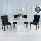 Turin White Marble Square Dining Set - Black Fabric Lion Head Ring Back Dining Chair with Black Legs