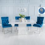 Turin White Marble Square Dining Set - Blue Fabric Lion Head Ring Back Dining Chair with Chrome Legs
