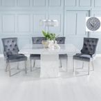 Turin White Marble Square Dining Set - Grey Fabric Lion Head Ring Back Dining Chair with Chrome Legs