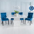 Turin White Marble Square Dining Set - Blue Fabric Knocker Back Dining Chair with Black Legs
