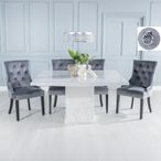 Turin White Marble Square Dining Set - Grey Fabric Knocker Back Dining Chair with Black Legs