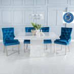 Turin White Marble Square Dining Set - Blue Fabric Knocker Back Dining Chair with Chrome Legs