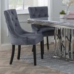 Knocker Back Grey Velvet Fabric Dining Chair with Black Wooden Legs