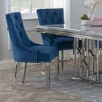 Knocker Back Blue Velvet Fabric Dining Chair with Chrome Legs